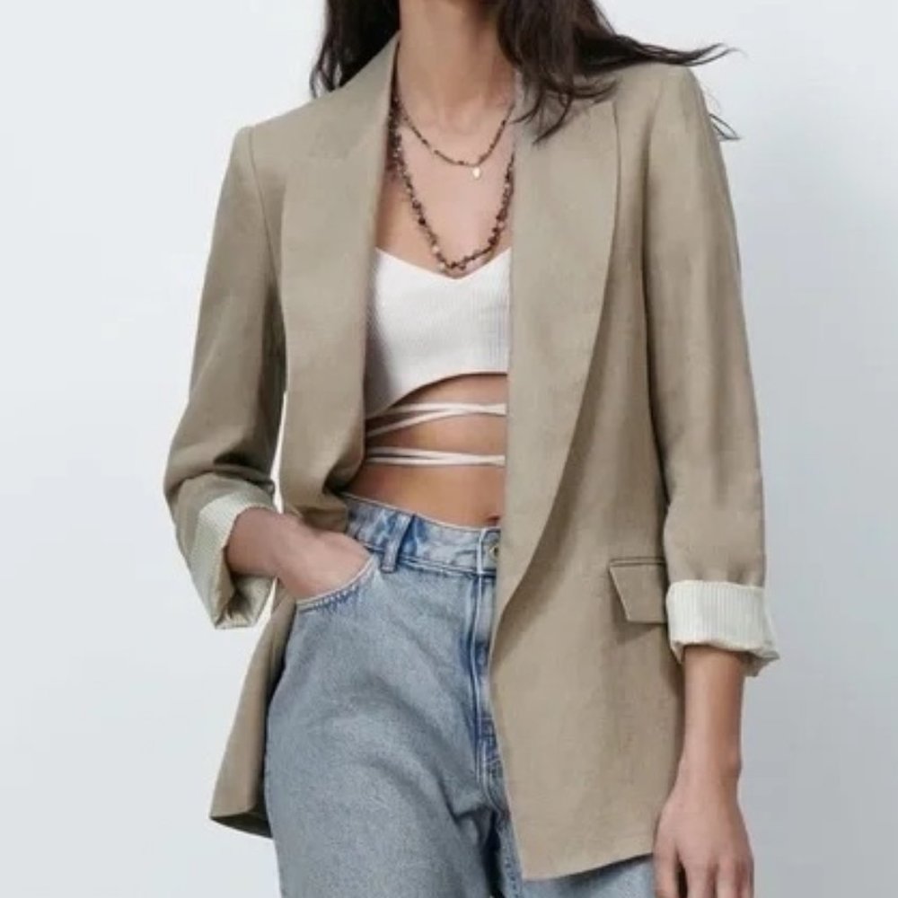 Lightly WORN ZARA Beige PRINTED LINEN BLEND CUFFED BLAZER